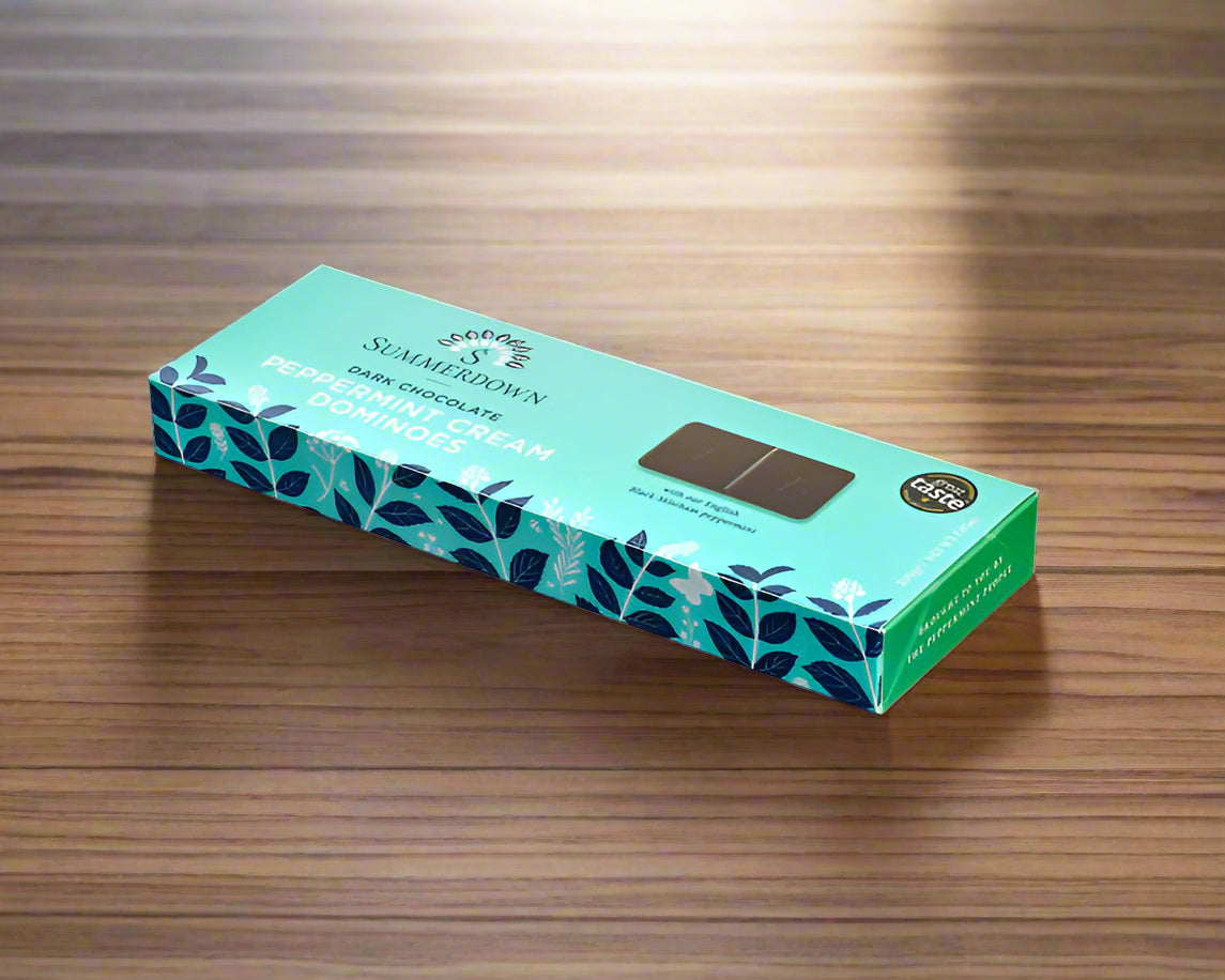 DARK CHOCOLATE PEPPERMINT CREAMS MADE IN ENGLAND BY SUMMERDOWN USING BLACK MITCHAM PEPPERMINT OIL IN A 200G GREEN GIFT BOX