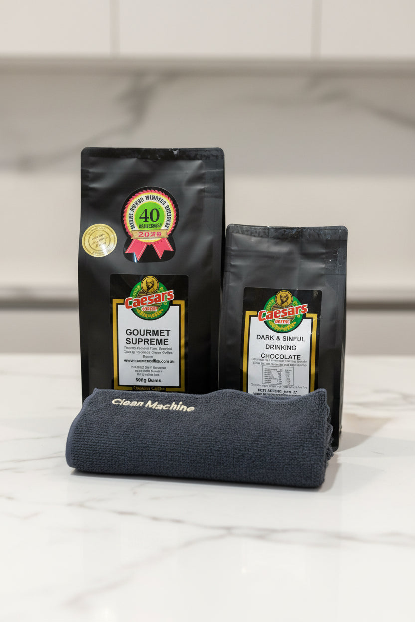 A Bundle of our Signature Blend Gourmet Supreme and Premium Dark and Sinful Drinking Chocolate with a versatile Microfibre Cloth to Tidy your Coffee Station