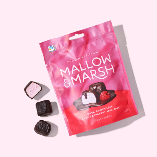 Pillows of Raspberry Marshmallow coated in superior Dark Chocolate 