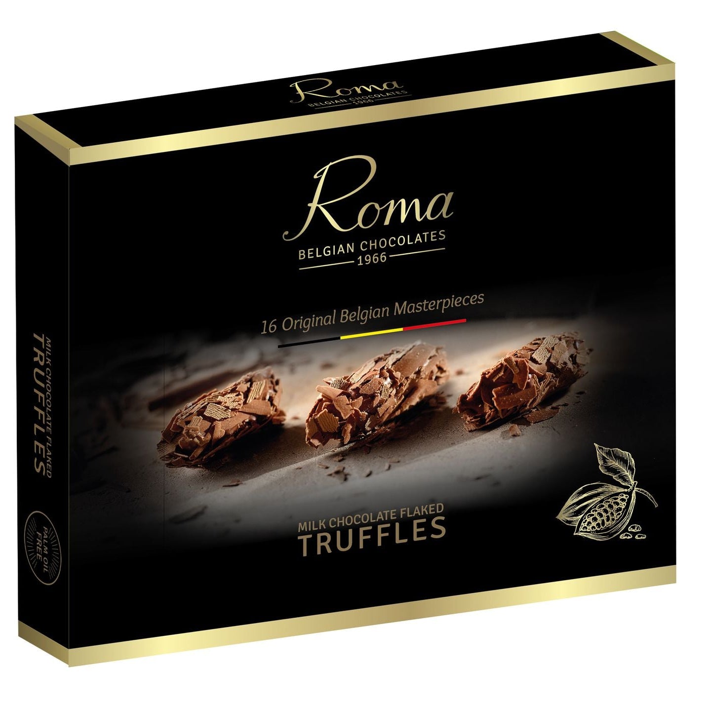 Box of Roma Belgian Chocolates truffles on a white background