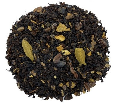 A blend of black tea leaves with exotic spices including pieces of ginger, cardamom, cassia, cloves, fennel, pimento, aniseed, and rose petals.